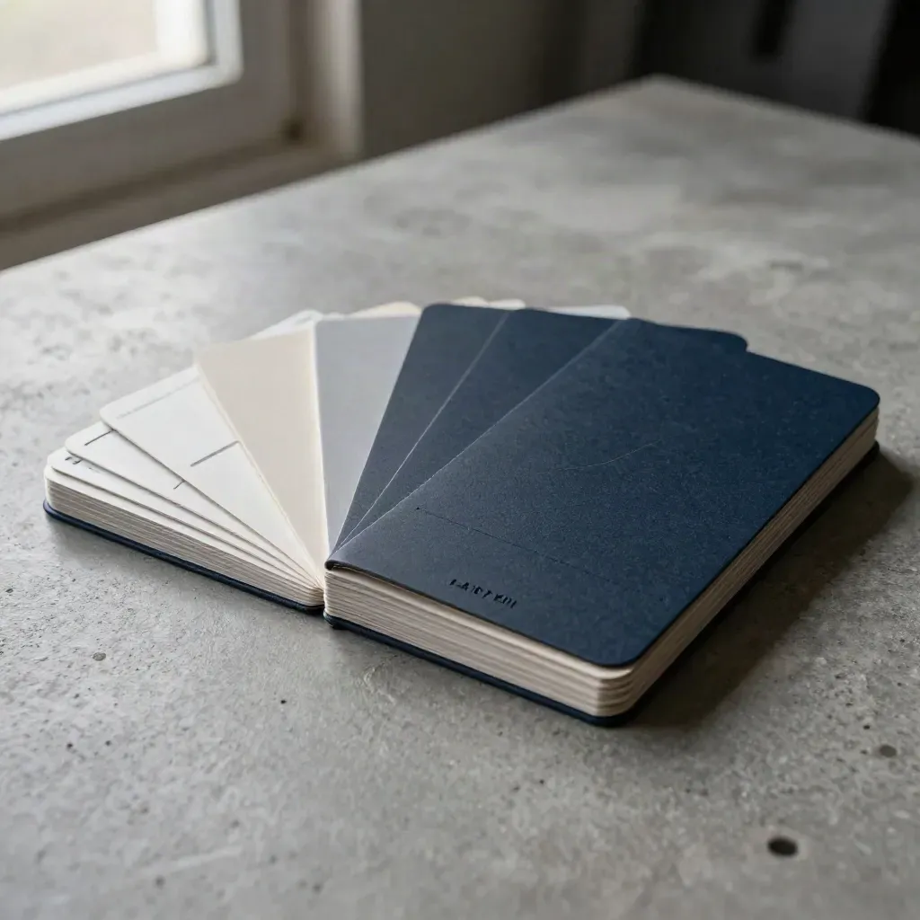 Dark navy rival research kit on concrete with blank cards and sample swatches