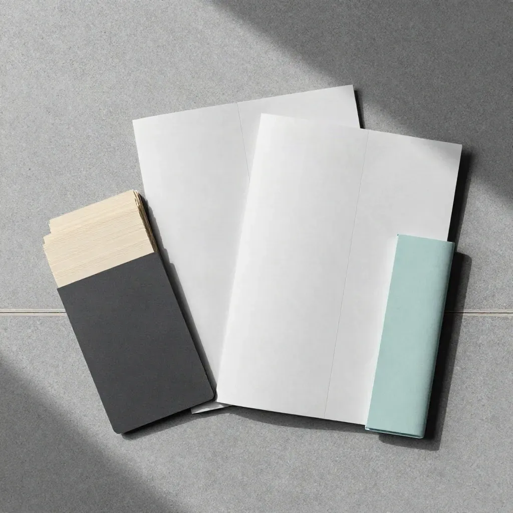 Overhead graphite interview pack with fanned cards and folded folios on concrete.