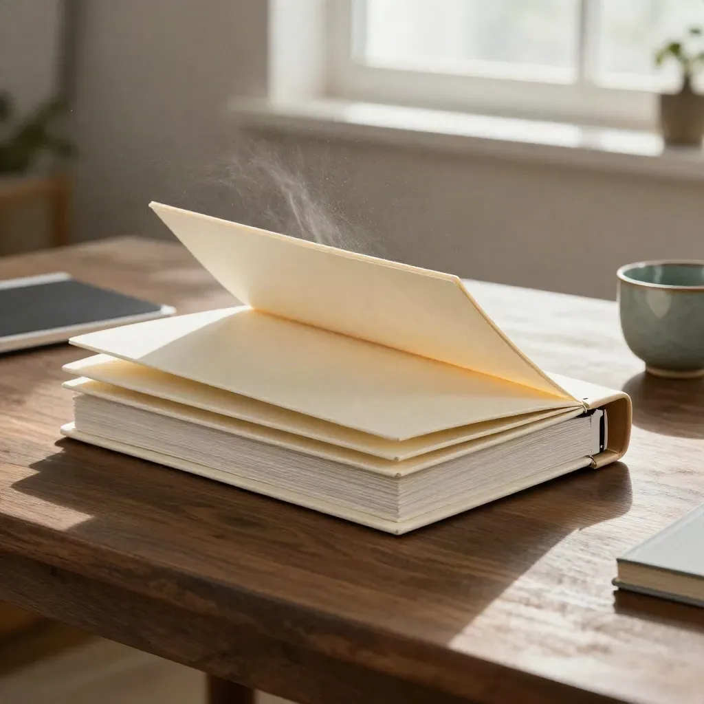 Research sprint bundle with folders, tablet and cup on a walnut-and-stone table