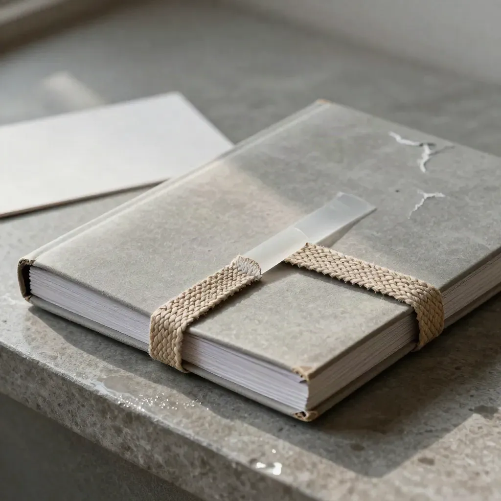 Macro of a textured survey report folio on a stone ledge, with layered paper details.