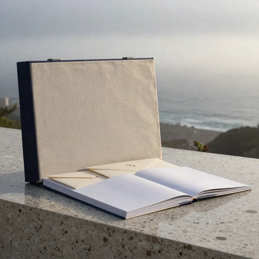 Open linen customer signal pack with booklets and folio on a rain-damp travertine plinth.