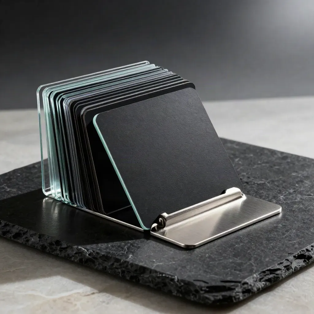 Glass dashboard bundle on black stone with seafoam rim light and a slipping sleeve.