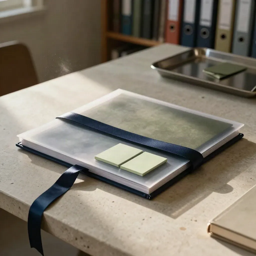 Strategy Summary Pack sliding from a translucent sleeve on pale stone with navy ribbon and soft haze