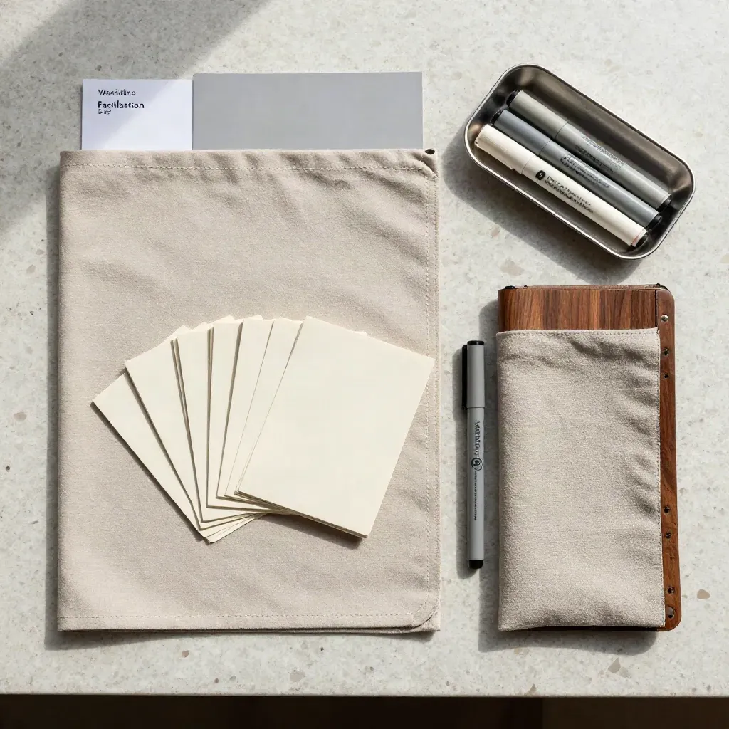 Overhead flatlay of a workshop facilitation kit with mat, cards, markers, and linen pouch.