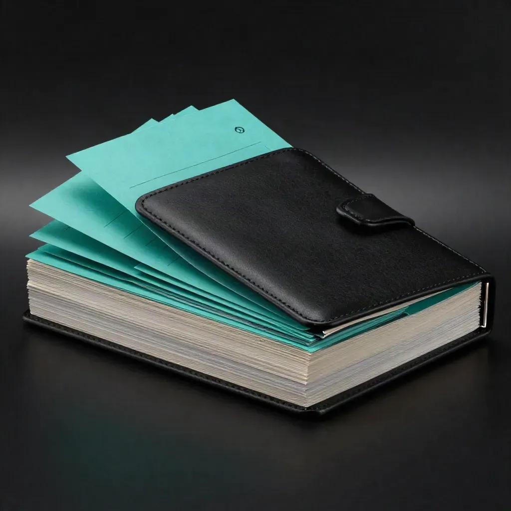 Black slipcase report bundle with teal inserts and seafoam tabs fanned on a dark reflective surface