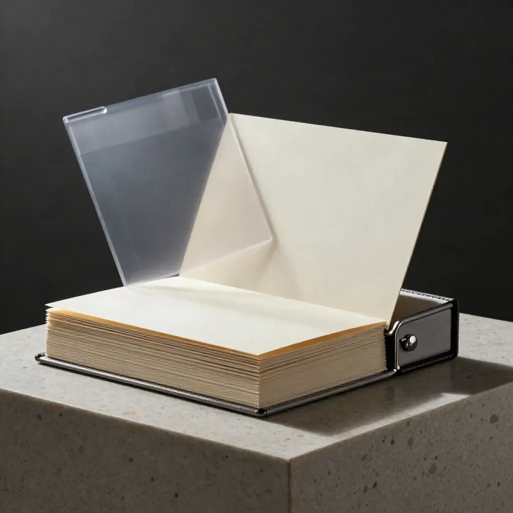 Open call audit folio box with blank cards, tape sleeve and folded note strip on travertine.