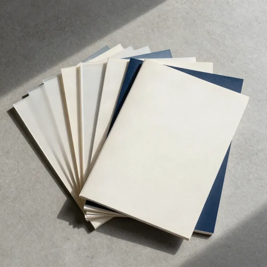 Overhead fan of blank survey sheets, acetate dividers, a binding band and navy backing on concrete