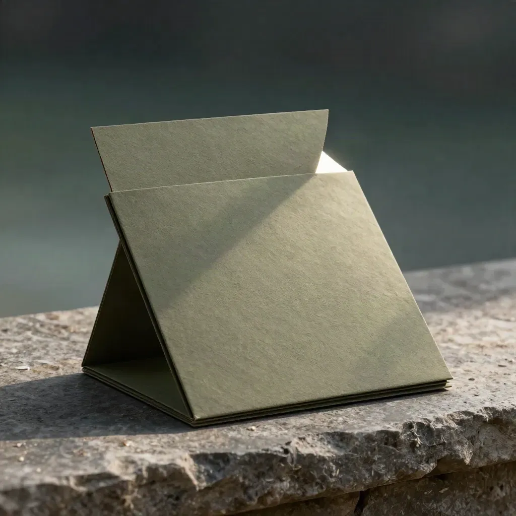 Matte paper boards and sleeves half-slid from a slim pouch on a stone ledge.