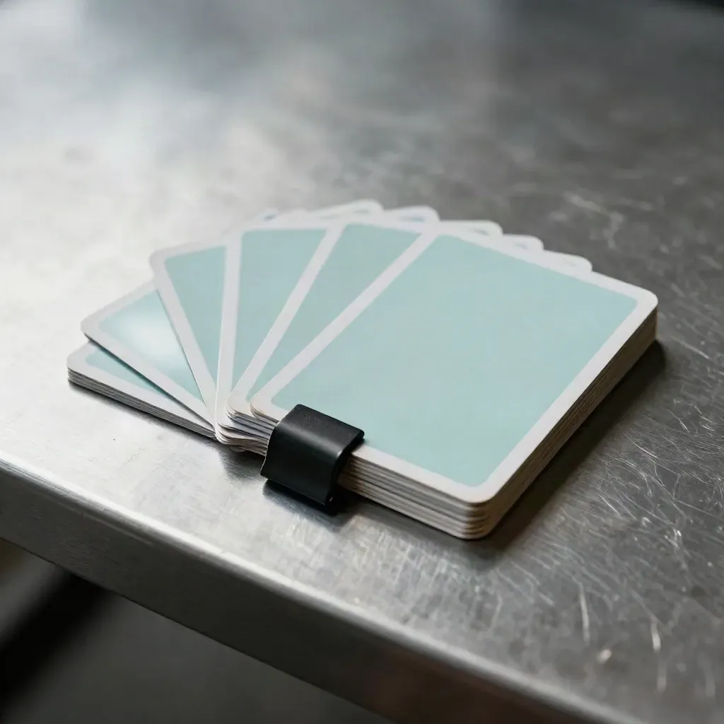 Five blank cards with a clip and translucent wrap on a brushed-metal table, softly lit at an angle.