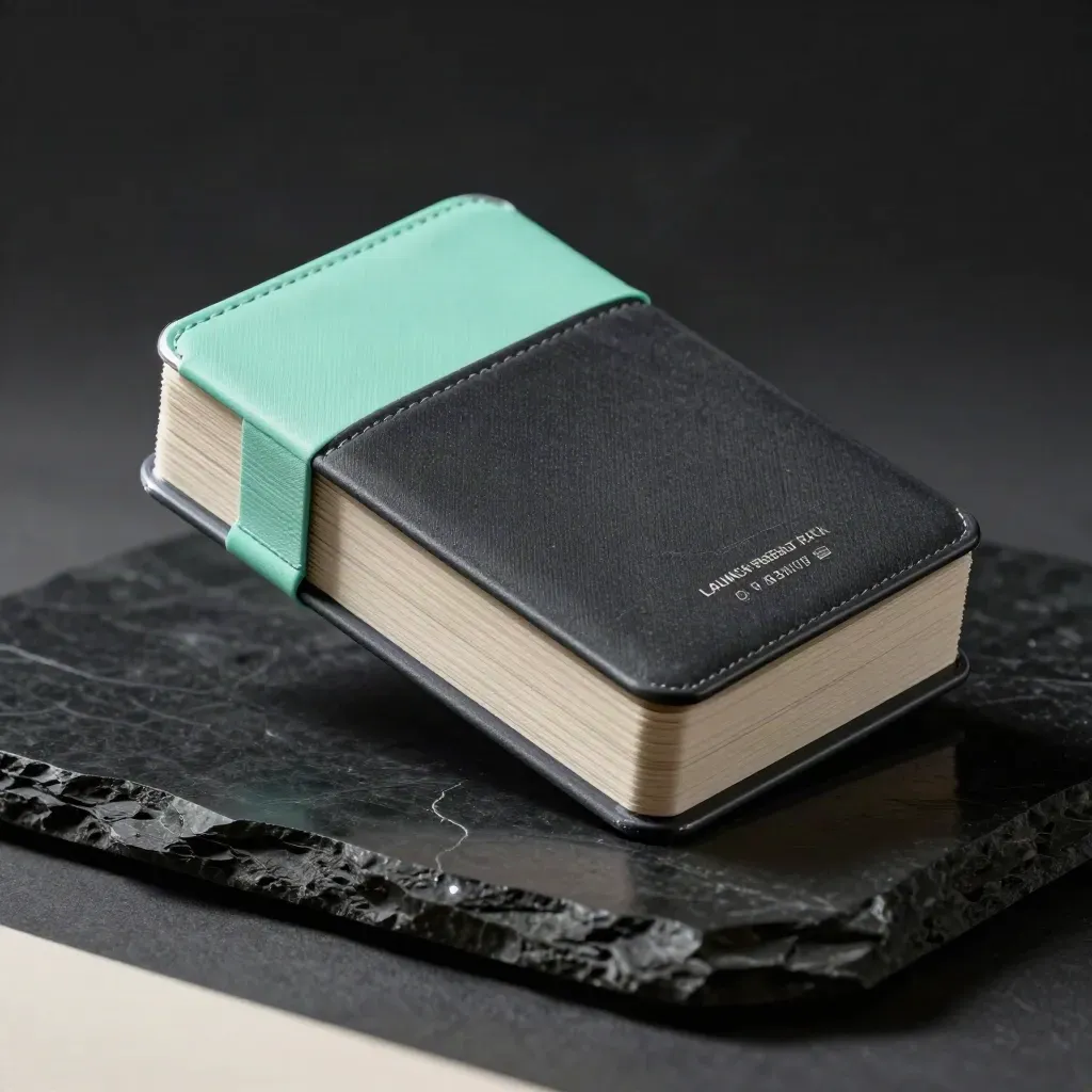Dark slipcase pack with seafoam tabs on glossy stone, lit dramatically in a dim studio.