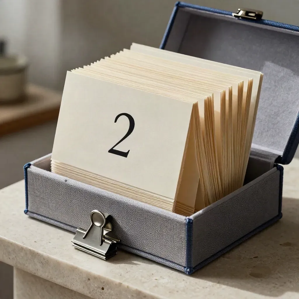 Open linen interview kit with nested cards, clips, and divider on limestone.