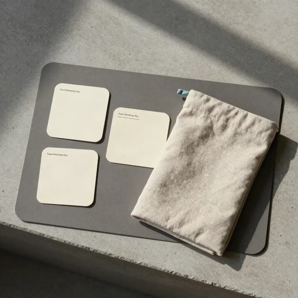 Top-down workshop kit flatlay with mat, prompt cards, cloth and pouch on concrete.
