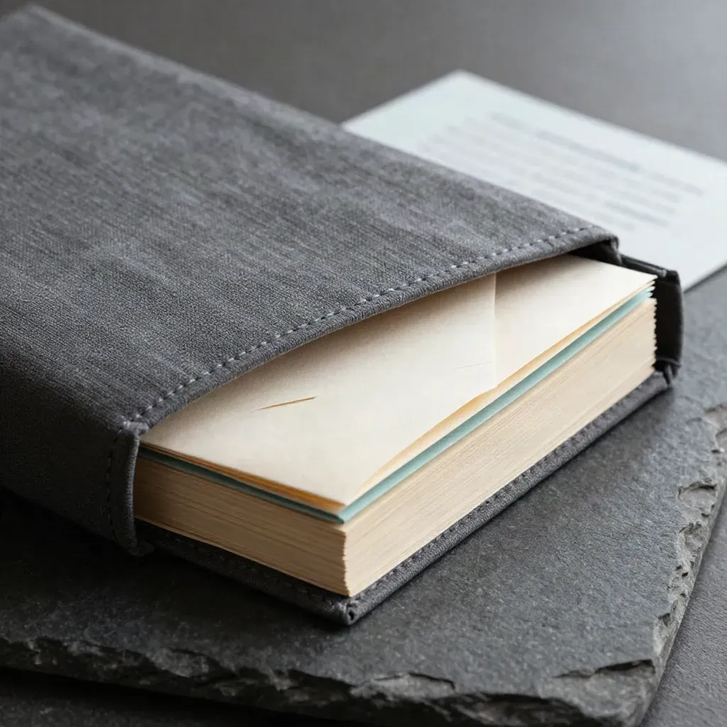 Macro of a lifted research retainer wrap revealing stacked folios and a sealed sleeve.