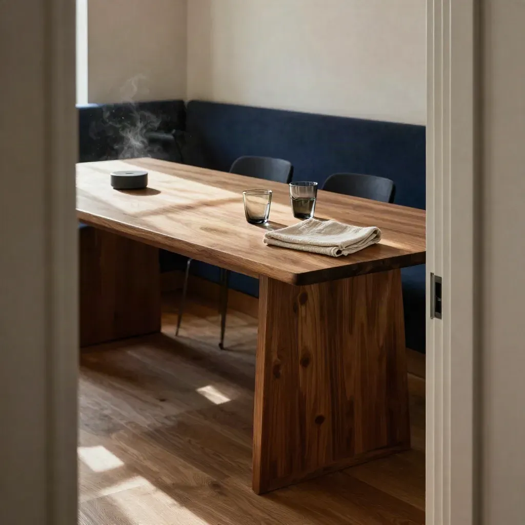 Walnut meeting nook with soft light, blurred chairs, and calm copy space below