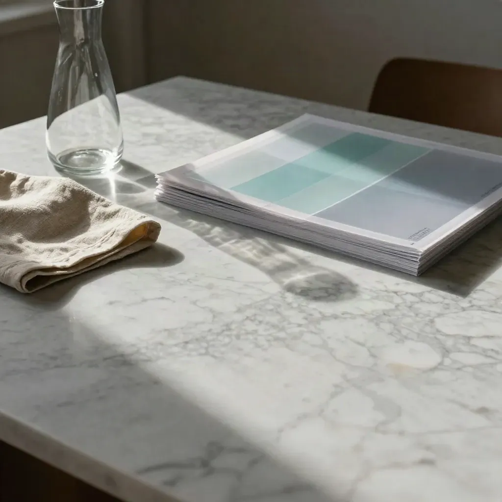 Honed marble surface with carafe and folded cloth, calm copy space below, soft afternoon light.