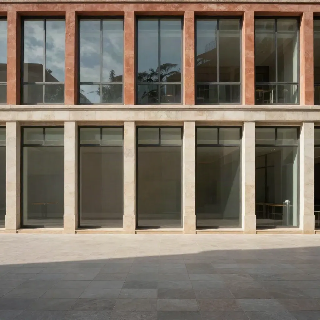 Sunlit glass-and-stone courtyard with cloud shadows and calm stone paving.