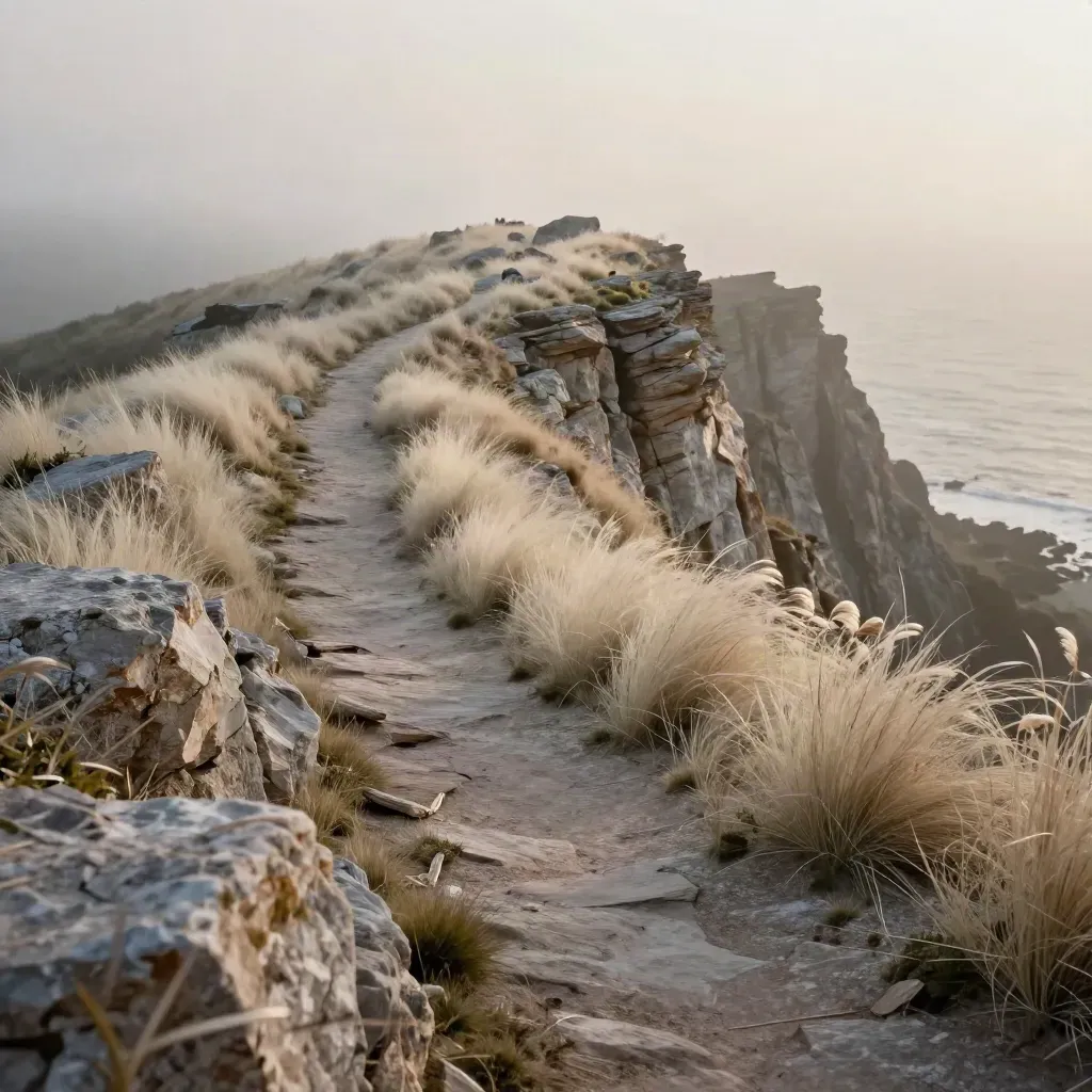 Cliffside path above a misty sea, pale grasses and weathered rock in evening light.